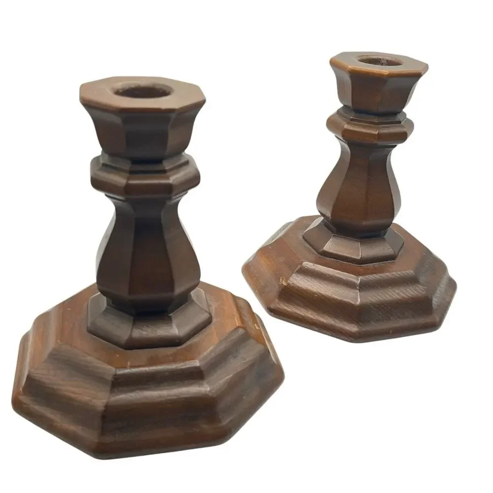 Candle Stick Holders Vintage Set of 2 Wood Octagon Shaped Handmade Retro Rustic